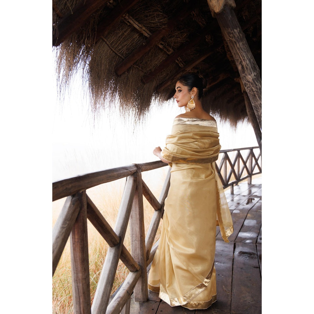 Geroo Jaipur Beige Tissue Gota Work Saree with Unstitched Blouse
