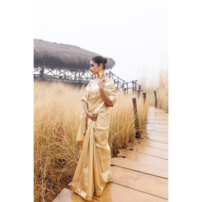 Geroo Jaipur Beige Tissue Gota Work Saree with Unstitched Blouse