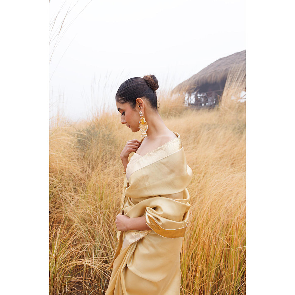 Geroo Jaipur Beige Tissue Gota Work Saree with Unstitched Blouse