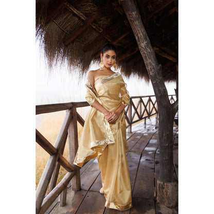 Geroo Jaipur Beige Tissue Gota Work Saree with Unstitched Blouse