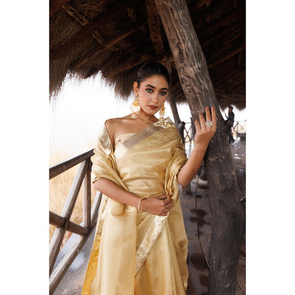 Geroo Jaipur Beige Tissue Gota Work Saree with Unstitched Blouse