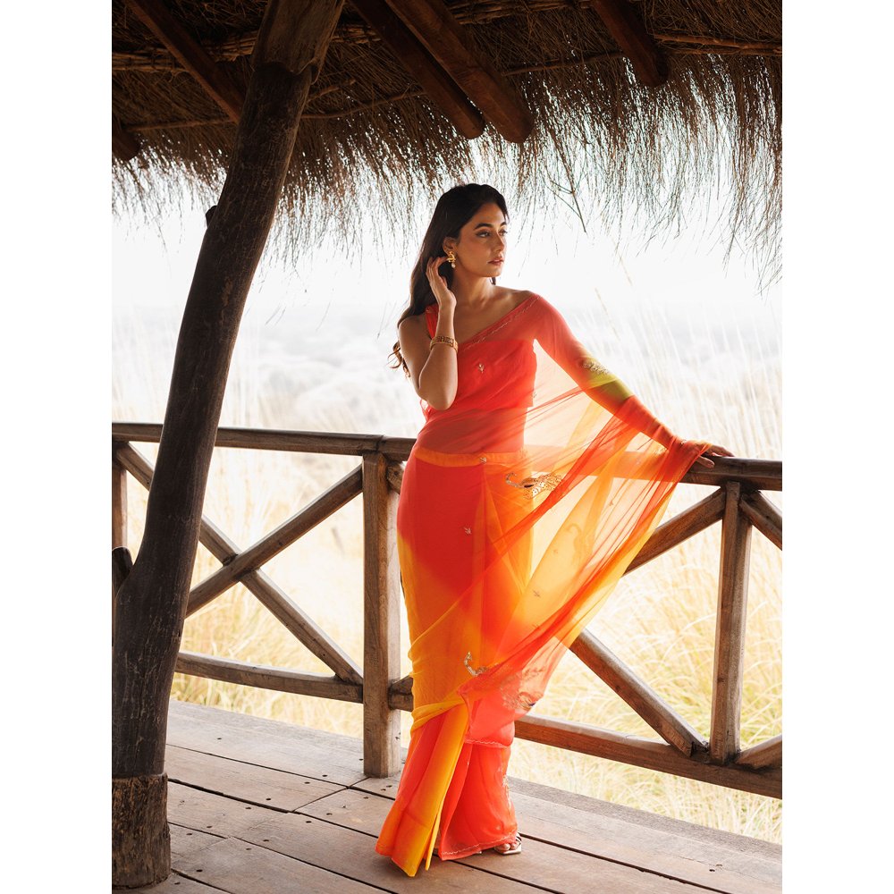 Geroo Jaipur Yellow And Orange Shaded Pre-Stitched Chiffon Saree with UnPre-Stitched Blouse