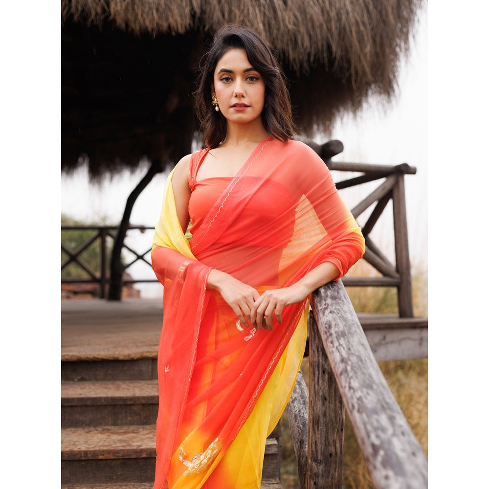 Geroo Jaipur Yellow And Orange Shaded Pre-Stitched Chiffon Saree with UnPre-Stitched Blouse