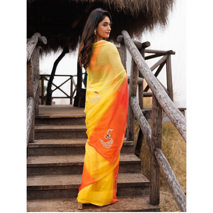 Geroo Jaipur Yellow And Orange Shaded Pre-Stitched Chiffon Saree with UnPre-Stitched Blouse