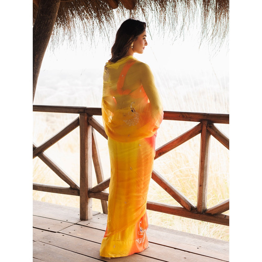 Geroo Jaipur Yellow And Orange Shaded Pre-Stitched Chiffon Saree with UnPre-Stitched Blouse