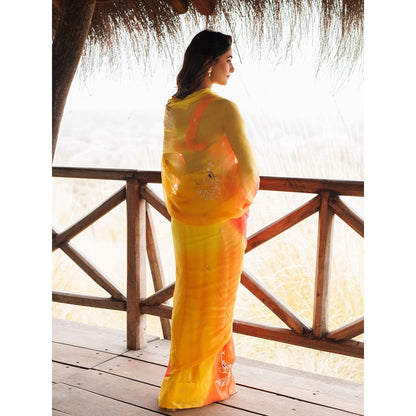 Geroo Jaipur Yellow And Orange Shaded Pre-Stitched Chiffon Saree with UnPre-Stitched Blouse