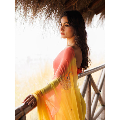 Geroo Jaipur Yellow And Orange Shaded Pre-Stitched Chiffon Saree with UnPre-Stitched Blouse