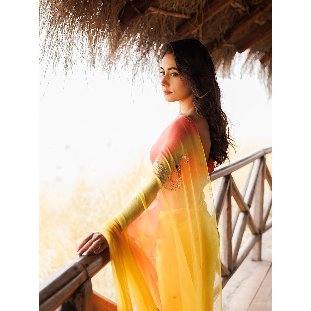 Geroo Jaipur Yellow And Orange Shaded Pre-Stitched Chiffon Saree with UnPre-Stitched Blouse