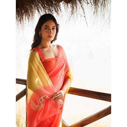 Geroo Jaipur Yellow And Orange Shaded Pre-Stitched Chiffon Saree with UnPre-Stitched Blouse