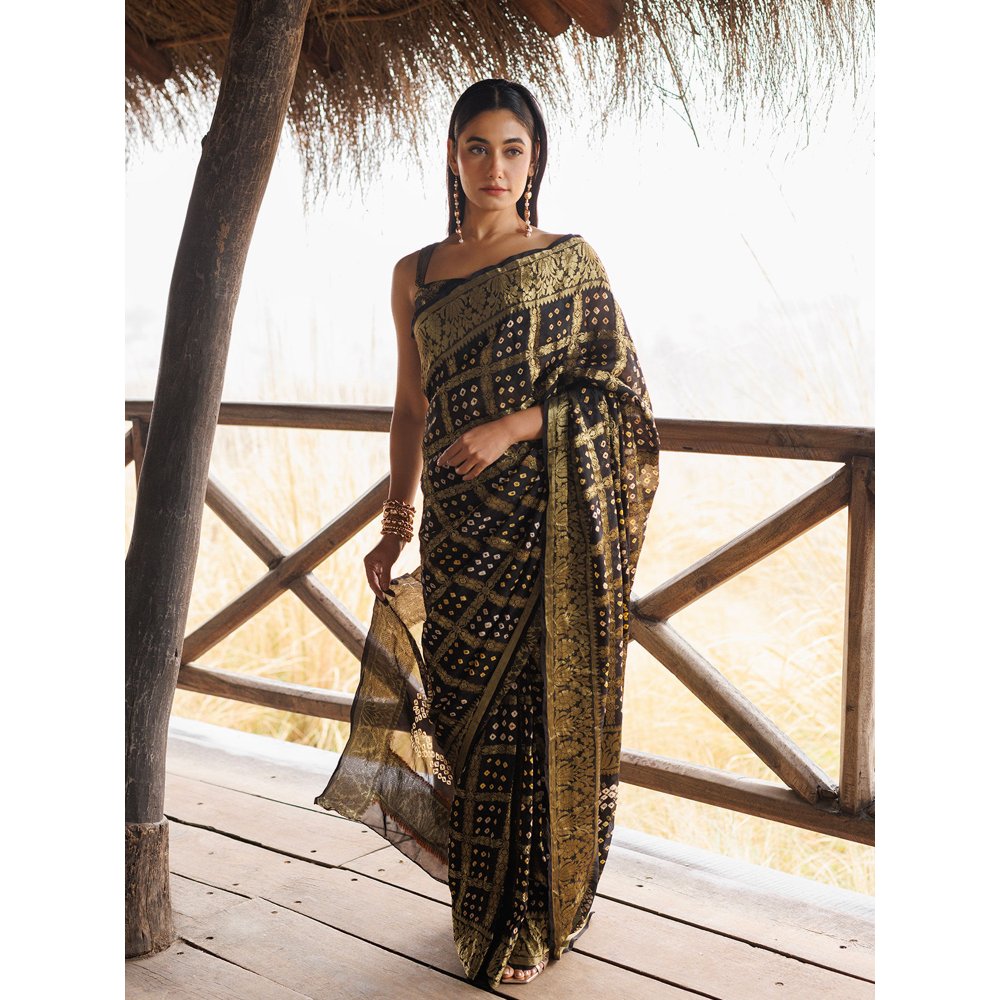 Geroo Jaipur Black Hand Pre-Stitched Bandhani Saree