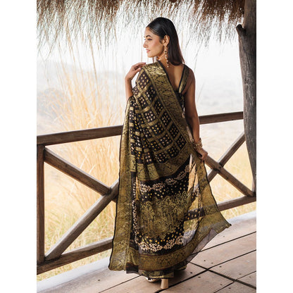Geroo Jaipur Black Hand Pre-Stitched Bandhani Saree
