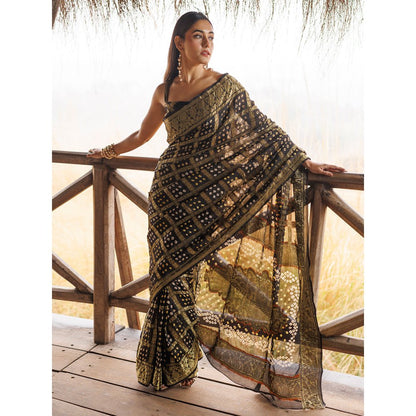 Geroo Jaipur Black Hand Pre-Stitched Bandhani Saree