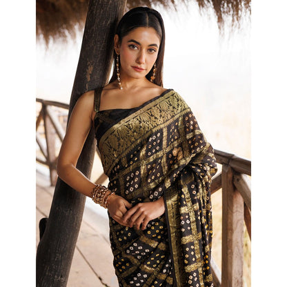 Geroo Jaipur Black Hand Pre-Stitched Bandhani Saree