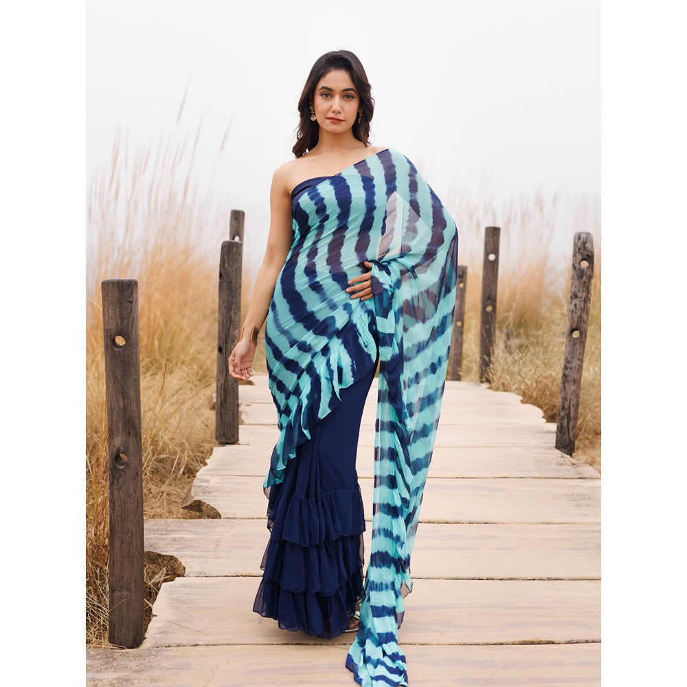 Geroo Jaipur Blue Pre-Stitched Chiffon Saree with Unstitched Blouse