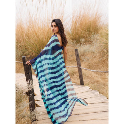 Geroo Jaipur Blue Pre-Stitched Chiffon Saree with Unstitched Blouse