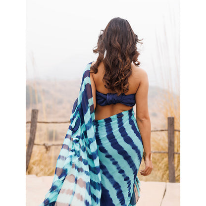 Geroo Jaipur Blue Pre-Stitched Chiffon Saree with Unstitched Blouse