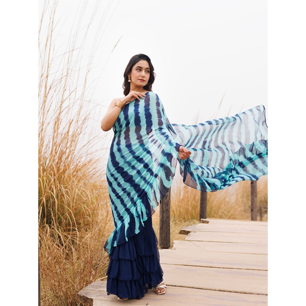 Geroo Jaipur Blue Pre-Stitched Chiffon Saree with Unstitched Blouse