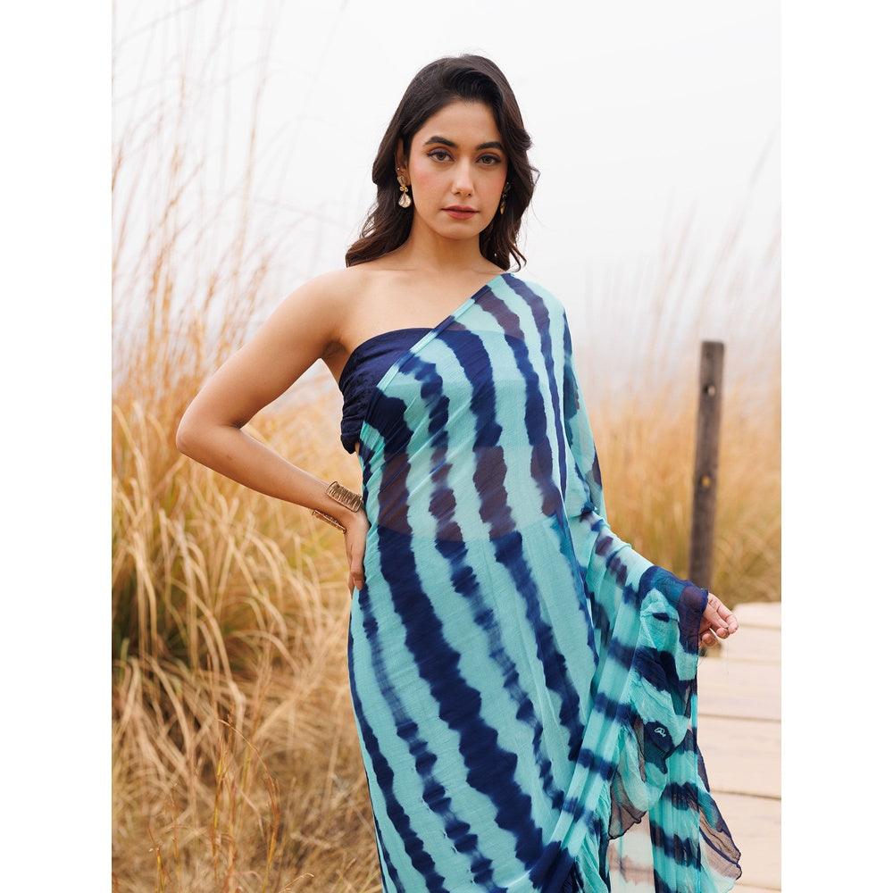 Geroo Jaipur Blue Pre-Stitched Chiffon Saree with Unstitched Blouse