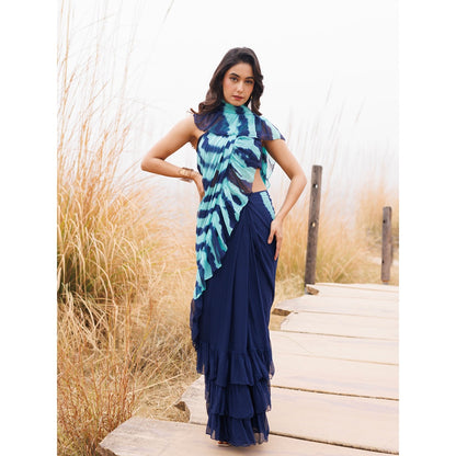 Geroo Jaipur Blue Pre-Stitched Chiffon Saree with Unstitched Blouse