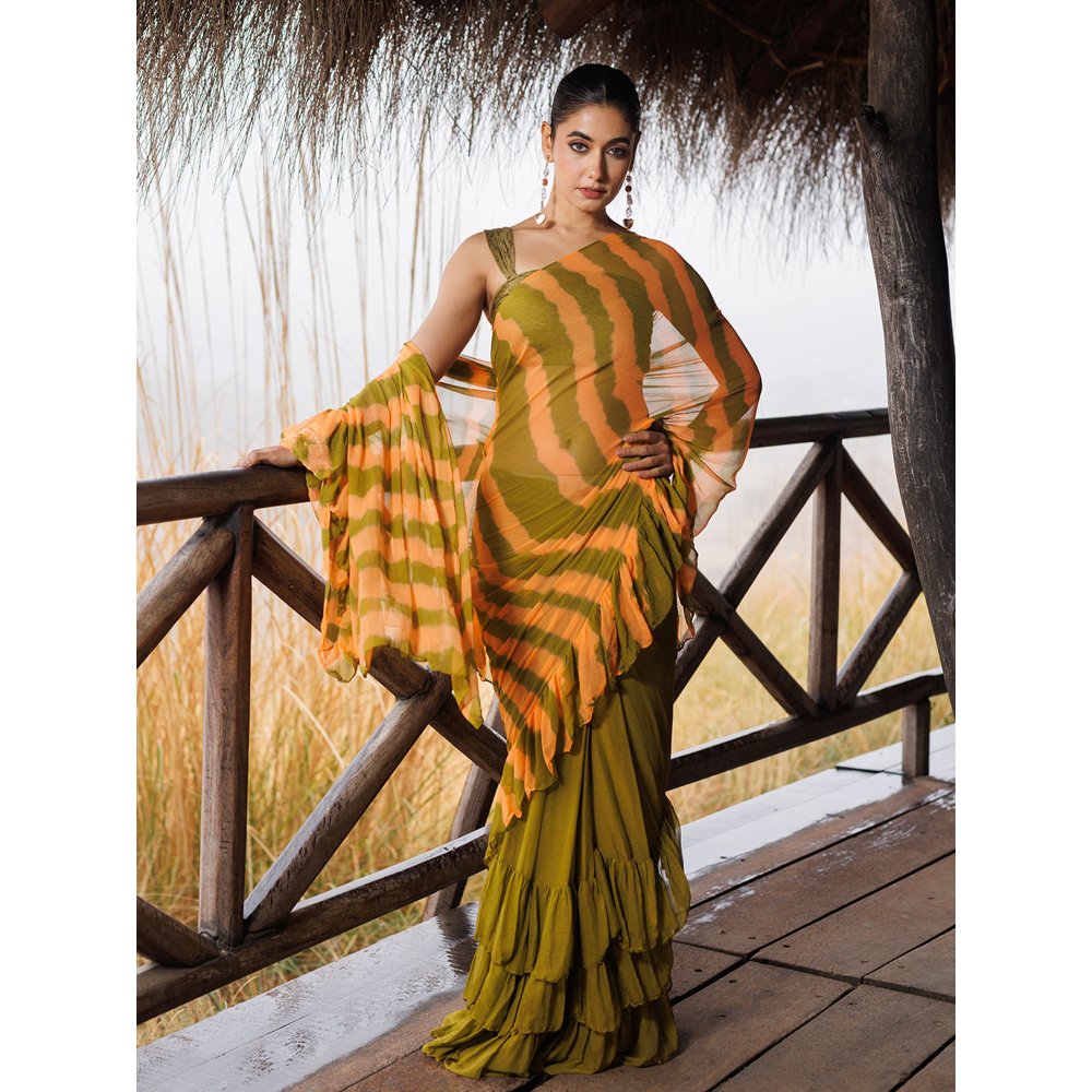 Geroo Jaipur Green And Orange Pre-Stitched Chiffon Saree with Unstitched Blouse