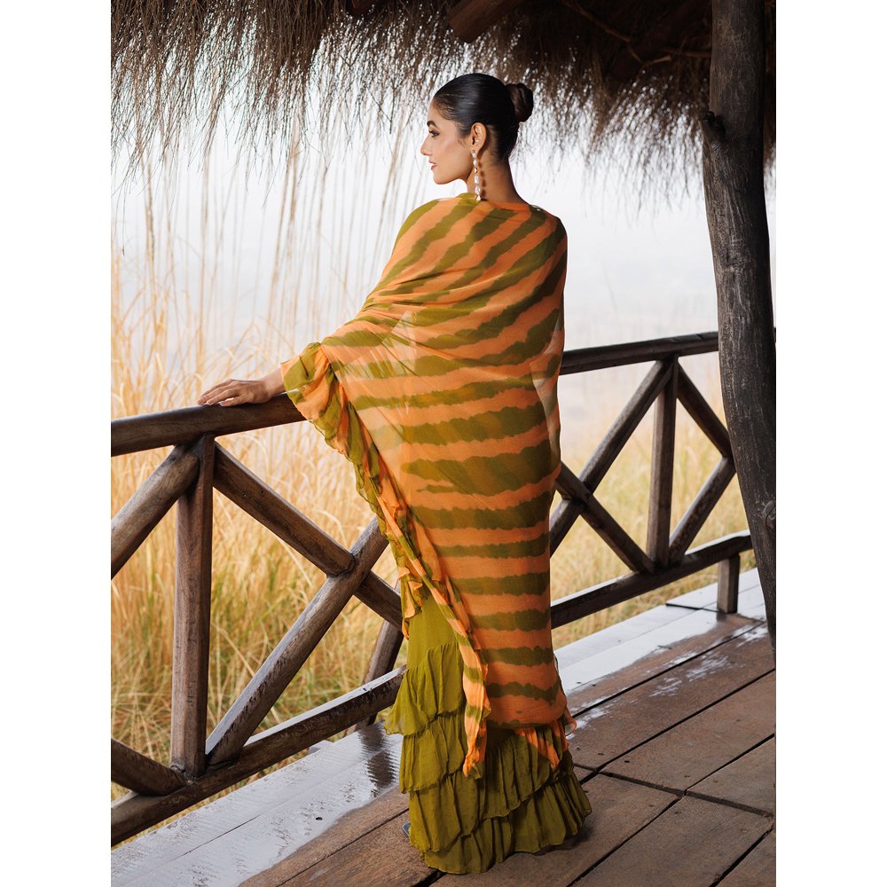 Geroo Jaipur Green And Orange Pre-Stitched Chiffon Saree with Unstitched Blouse