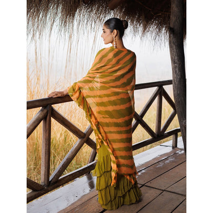 Geroo Jaipur Green And Orange Pre-Stitched Chiffon Saree with Unstitched Blouse