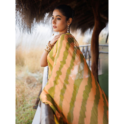 Geroo Jaipur Green And Orange Pre-Stitched Chiffon Saree with Unstitched Blouse