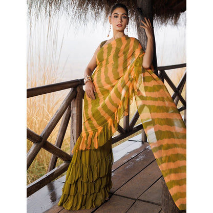 Geroo Jaipur Green And Orange Pre-Stitched Chiffon Saree with Unstitched Blouse