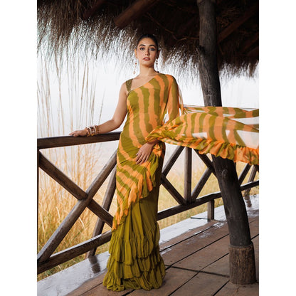 Geroo Jaipur Green And Orange Pre-Stitched Chiffon Saree with Unstitched Blouse