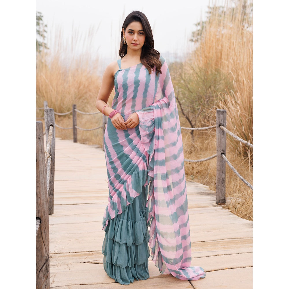 Geroo Jaipur Blue And Pink Pre-Stitched Chiffon Saree with Unstitched Blouse