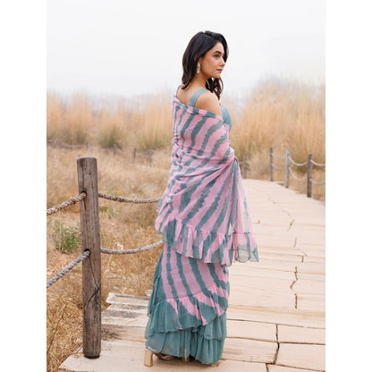 Geroo Jaipur Blue And Pink Pre-Stitched Chiffon Saree with Unstitched Blouse