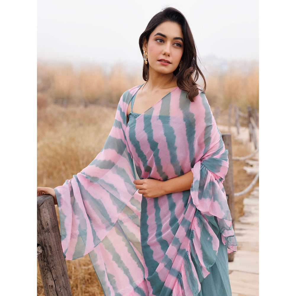 Geroo Jaipur Blue And Pink Pre-Stitched Chiffon Saree with Unstitched Blouse