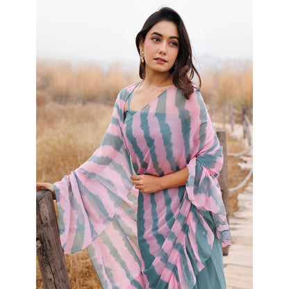 Geroo Jaipur Blue And Pink Pre-Stitched Chiffon Saree with Unstitched Blouse