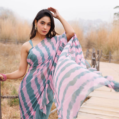 Geroo Jaipur Blue And Pink Pre-Stitched Chiffon Saree with Unstitched Blouse