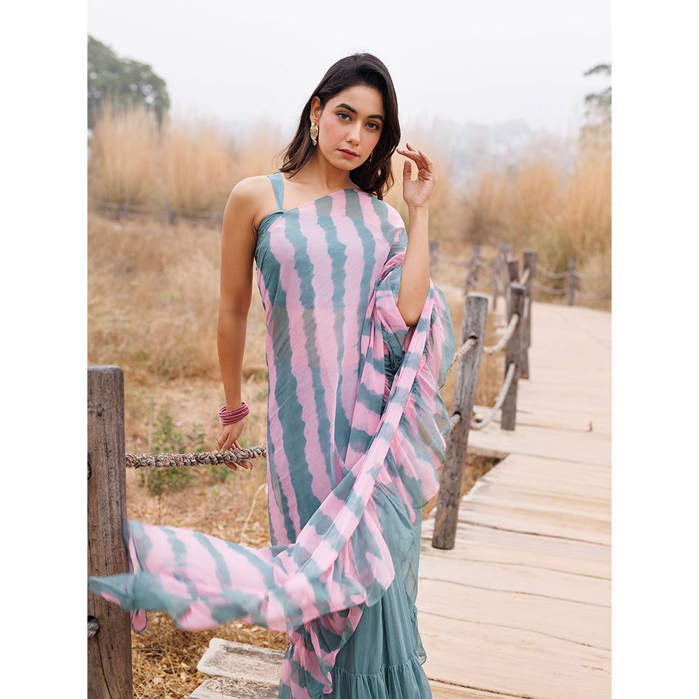 Geroo Jaipur Blue And Pink Pre-Stitched Chiffon Saree with Unstitched Blouse
