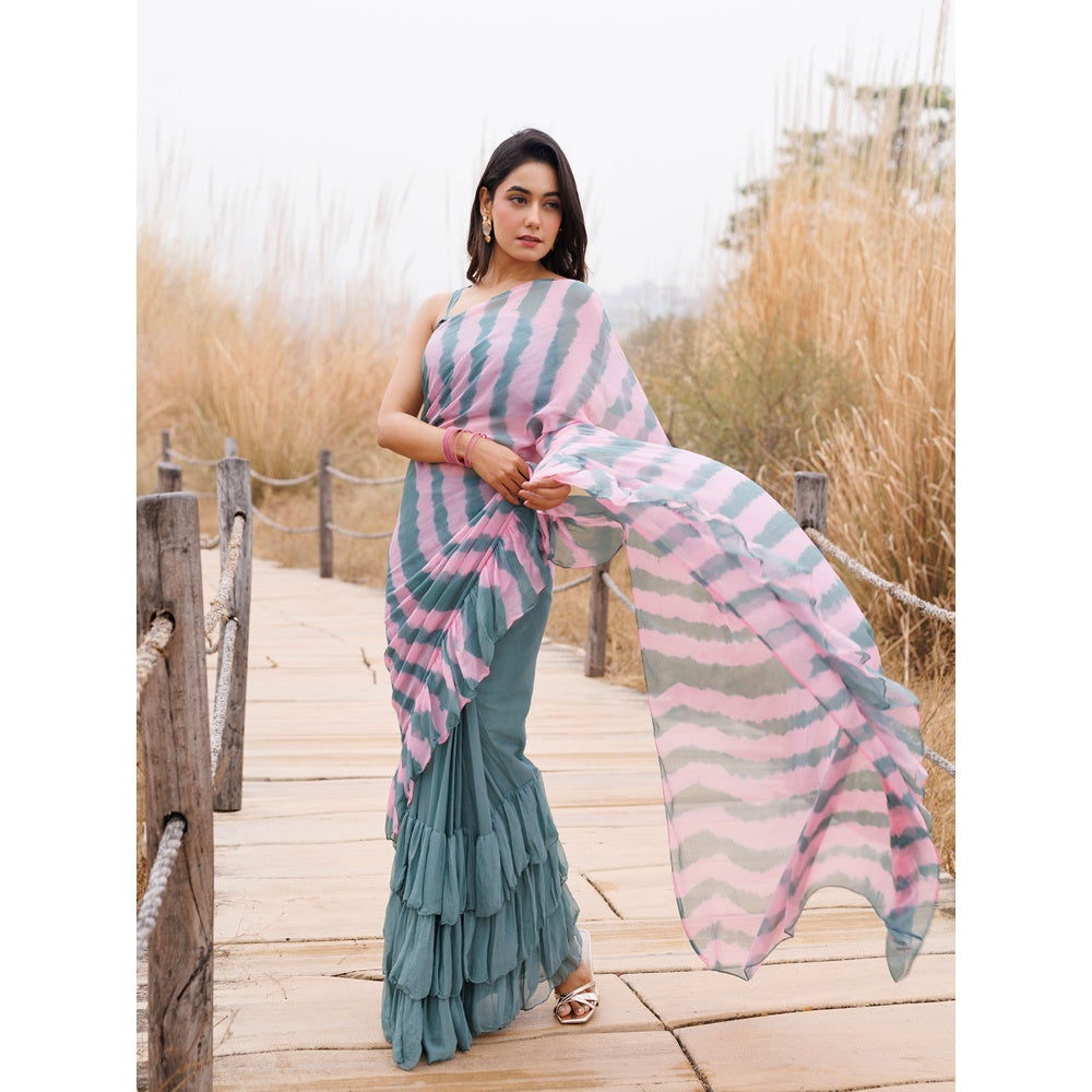 Geroo Jaipur Blue And Pink Pre-Stitched Chiffon Saree with Unstitched Blouse