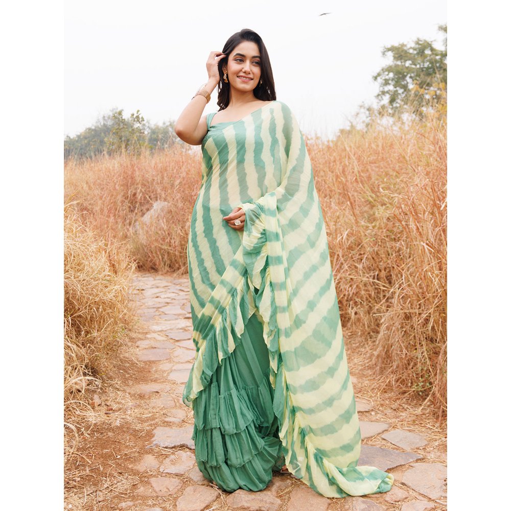 Geroo Jaipur Green And Yellow Pre-Stitched Chiffon Saree with Unstitched Blouse
