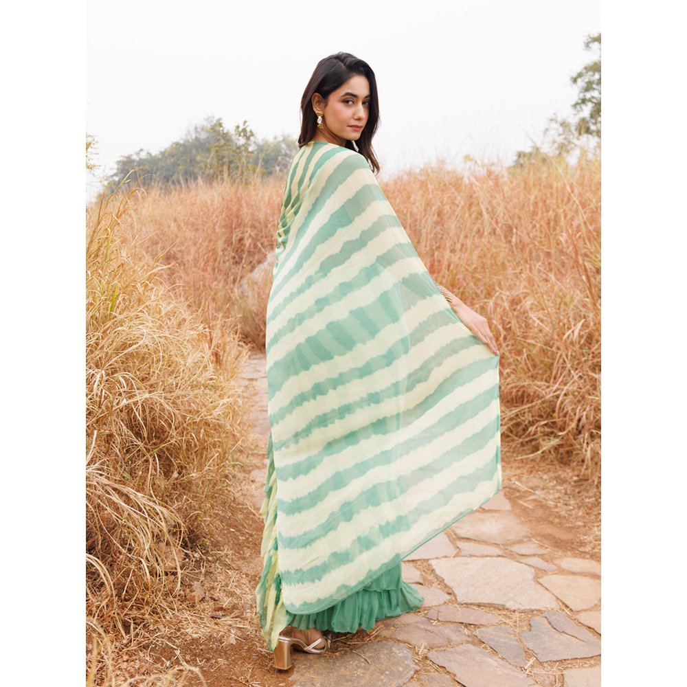 Geroo Jaipur Green And Yellow Pre-Stitched Chiffon Saree with Unstitched Blouse