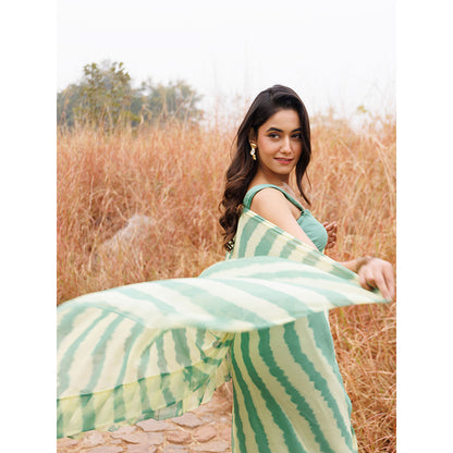Geroo Jaipur Green And Yellow Pre-Stitched Chiffon Saree with Unstitched Blouse