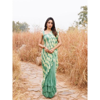 Geroo Jaipur Green And Yellow Pre-Stitched Chiffon Saree with Unstitched Blouse