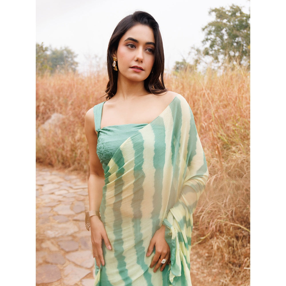 Geroo Jaipur Green And Yellow Pre-Stitched Chiffon Saree with Unstitched Blouse