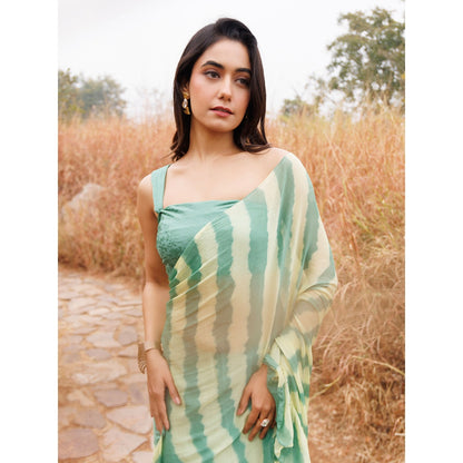 Geroo Jaipur Green And Yellow Pre-Stitched Chiffon Saree with Unstitched Blouse