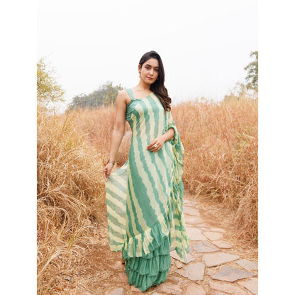 Geroo Jaipur Green And Yellow Pre-Stitched Chiffon Saree with Unstitched Blouse