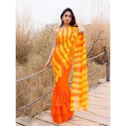Geroo Jaipur Orange And Yellow Pre-Stitched Chiffon Saree with Unstitched Blouse