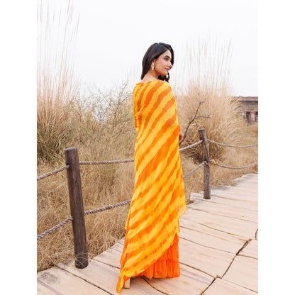 Geroo Jaipur Orange And Yellow Pre-Stitched Chiffon Saree with Unstitched Blouse