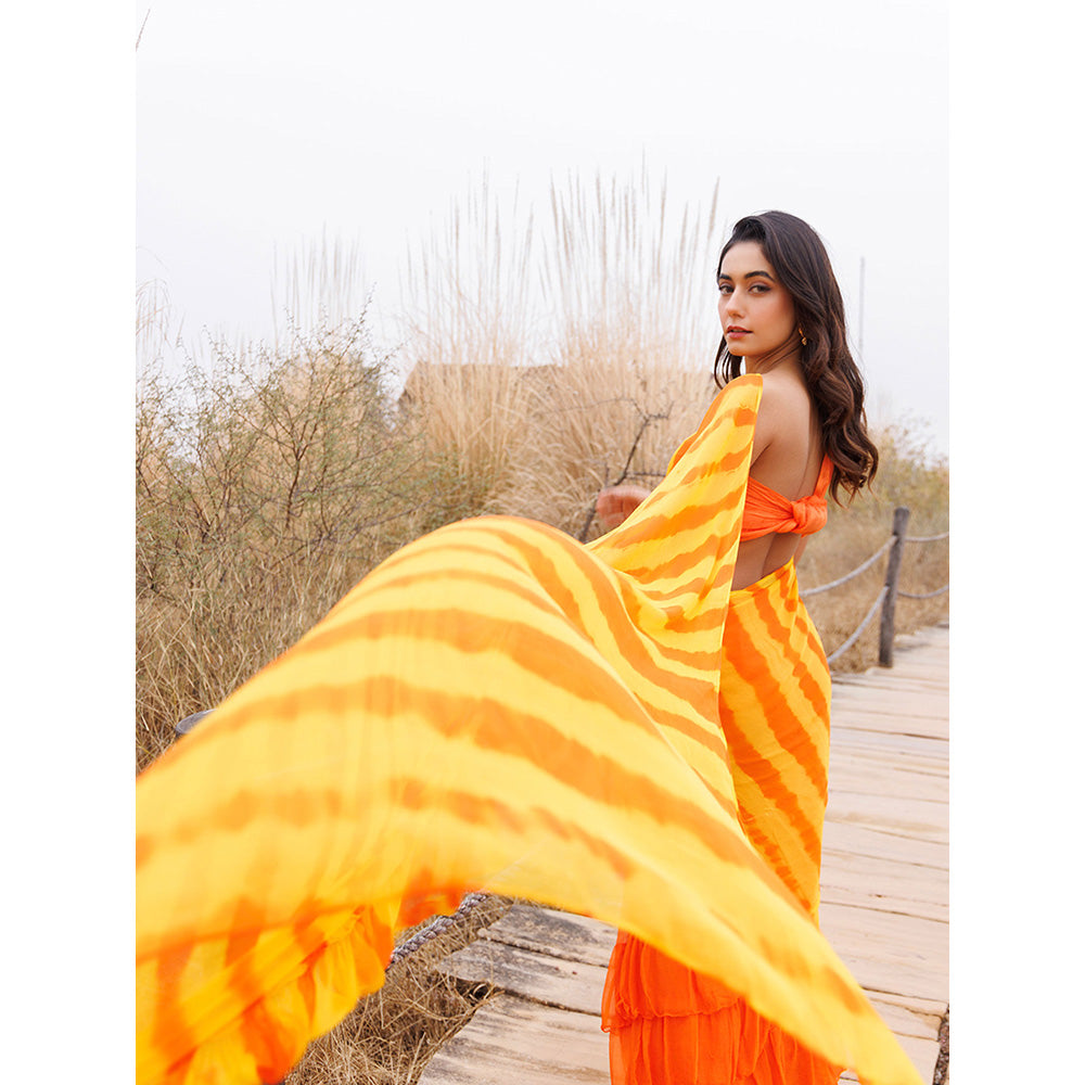 Geroo Jaipur Orange And Yellow Pre-Stitched Chiffon Saree with Unstitched Blouse