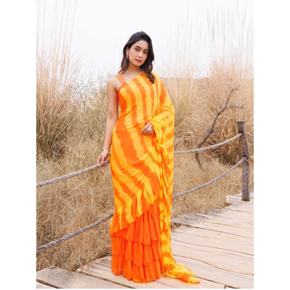 Geroo Jaipur Orange And Yellow Pre-Stitched Chiffon Saree with Unstitched Blouse