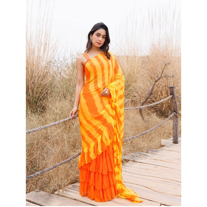 Geroo Jaipur Orange And Yellow Pre-Stitched Chiffon Saree with Unstitched Blouse