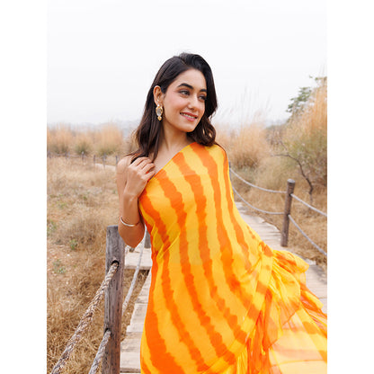 Geroo Jaipur Orange And Yellow Pre-Stitched Chiffon Saree with Unstitched Blouse