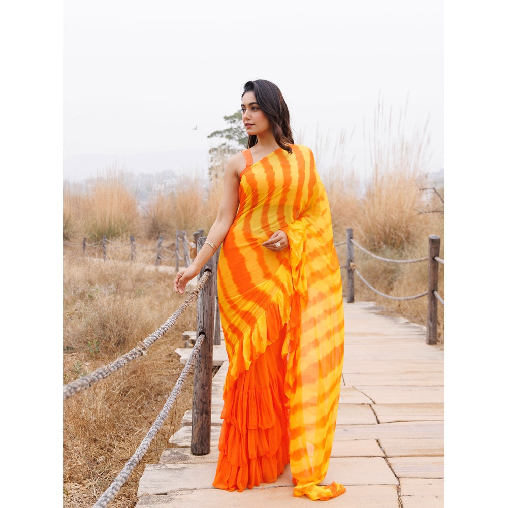 Geroo Jaipur Orange And Yellow Pre-Stitched Chiffon Saree with Unstitched Blouse